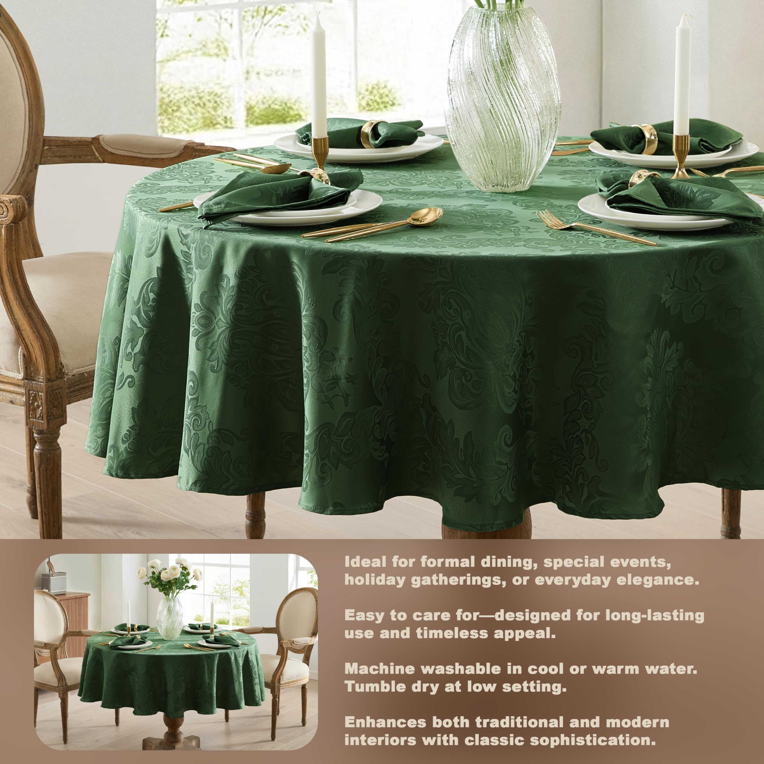 No-iron finish on Newbridge Barcelona damask tablecloth simplifies prep-time before meals