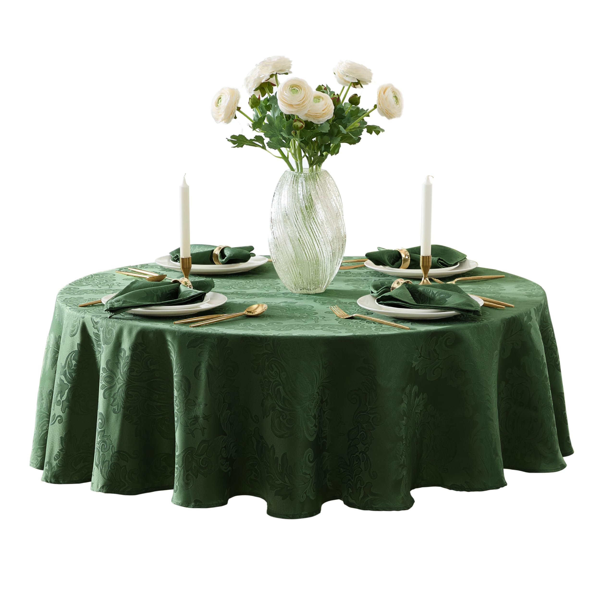 Newbridge Barcelona damask tablecloth round 70 inches hunter green, elegant top-view presentation