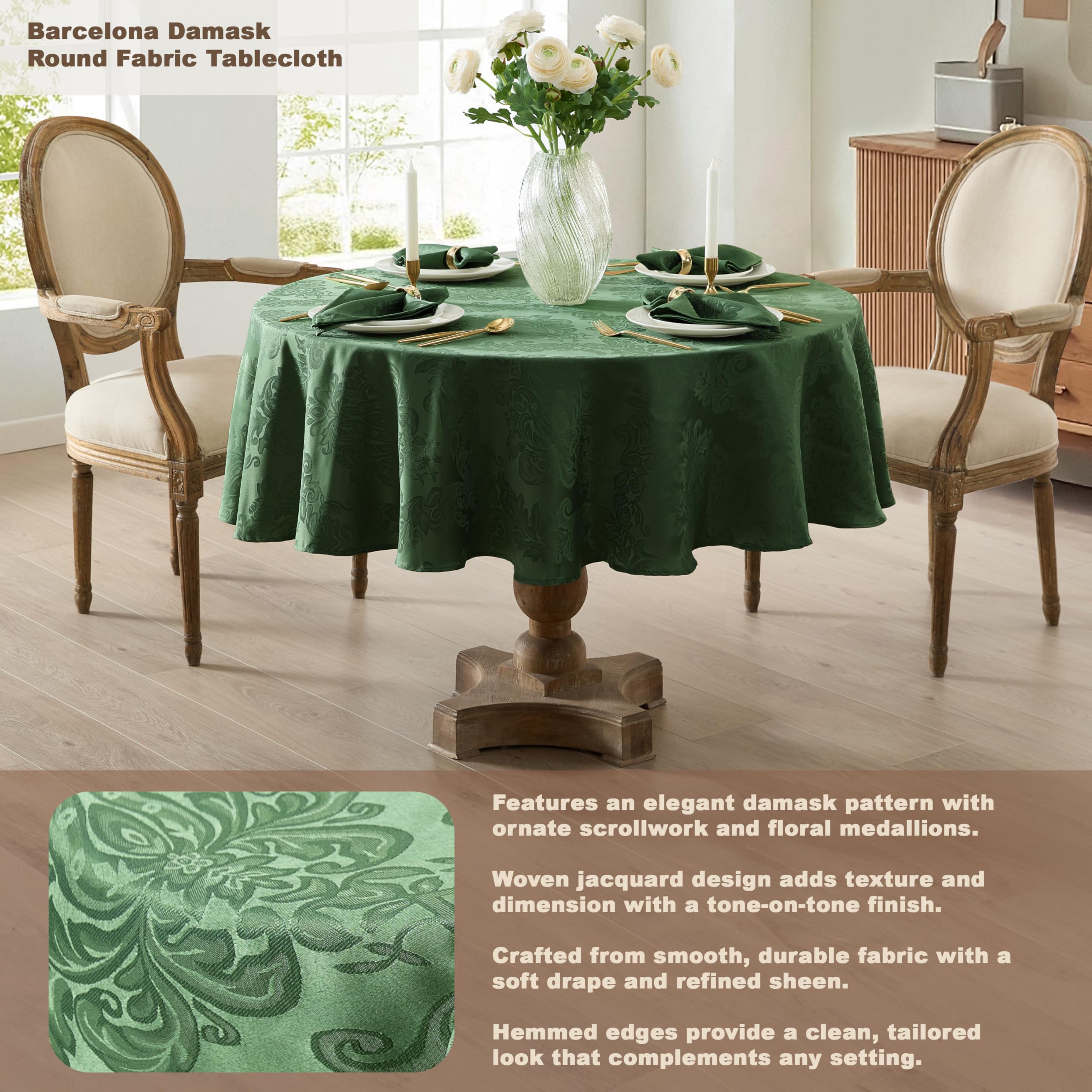 Weave pattern on Newbridge Barcelona damask tablecloth adds subtle texture to tables