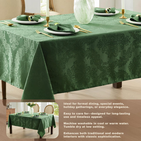 Newbridge Barcelona damask tablecloth scroll pattern accents a formal dinner ambience.