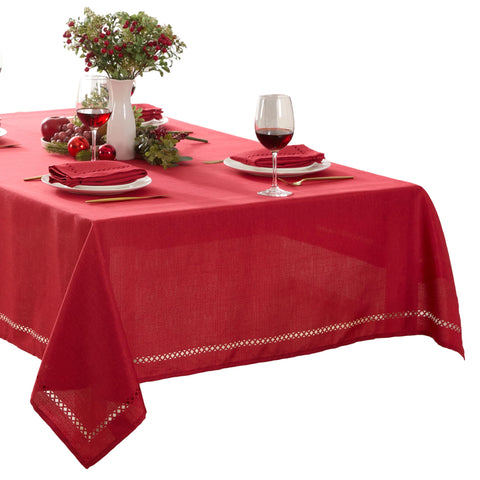 Newbridge Christmas tablecloth full view adds festive red charm to holiday dining.