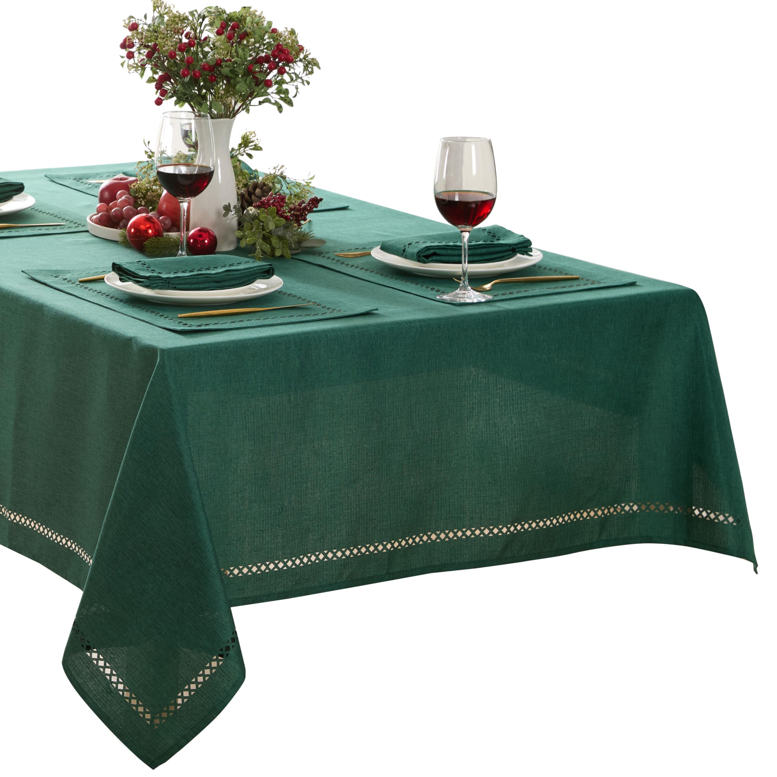 Newbridge evergreen lattice tablecloth enhances festive dining experiences at home.