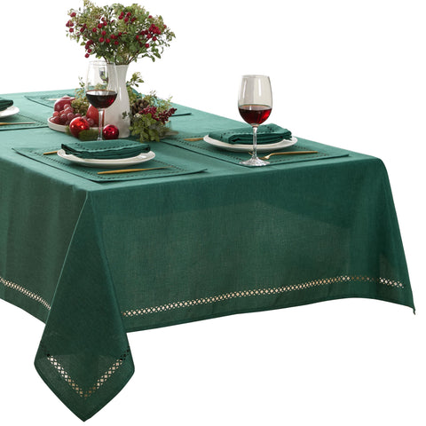 Newbridge evergreen lattice tablecloth enhances festive dining experiences at home.