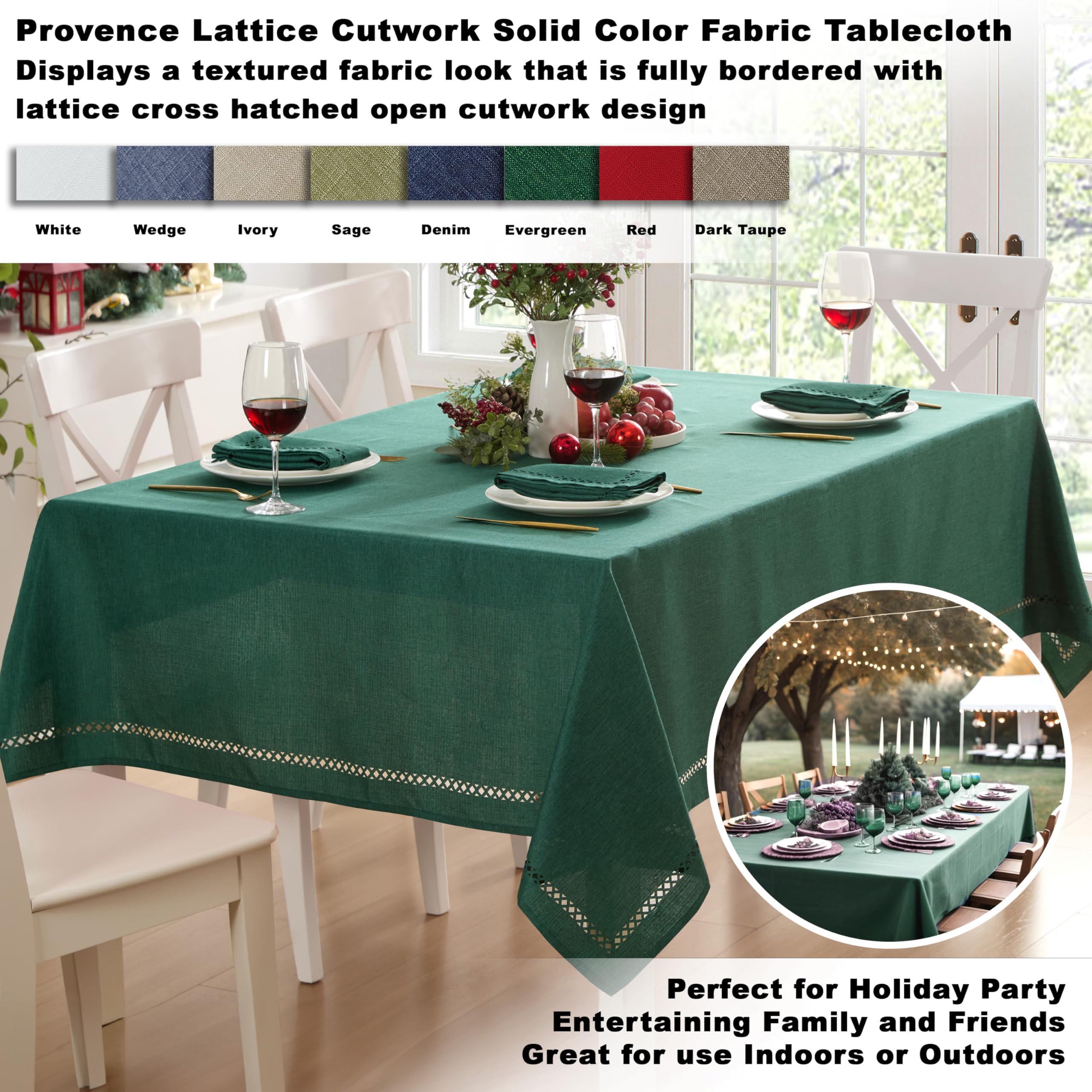 Newbridge tablecloth with hemmed edges delivers durable finish for everyday meals.