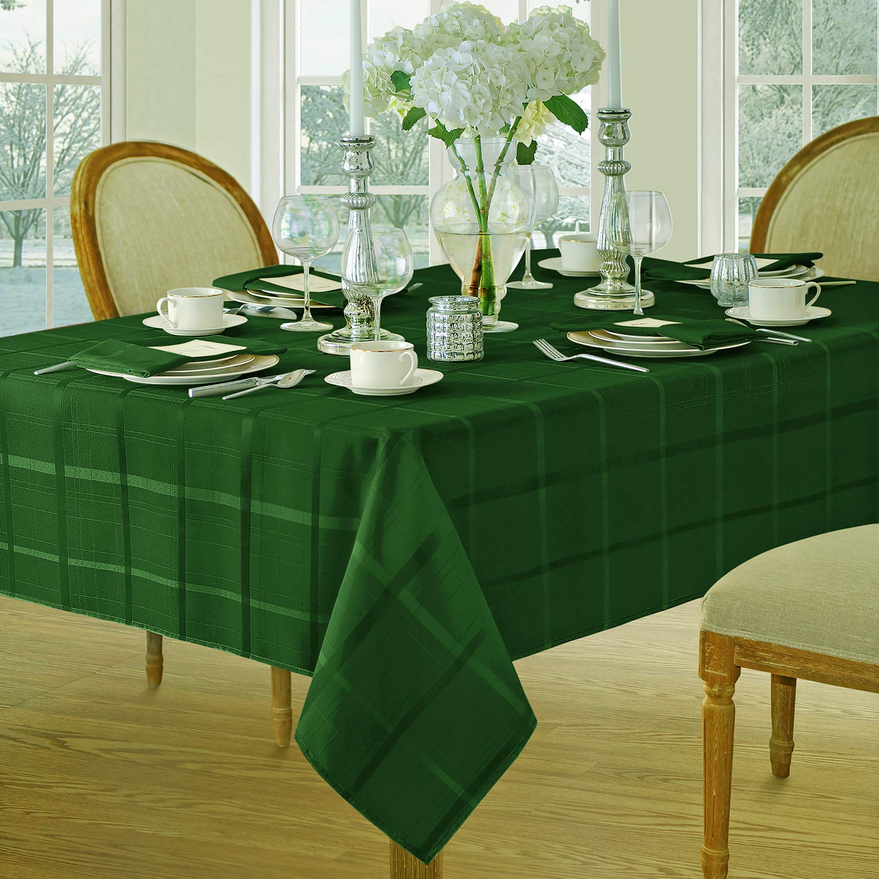 Newbridge Elegance Plaid tablecloth in hunter green with a refined, stain-friendly finish.