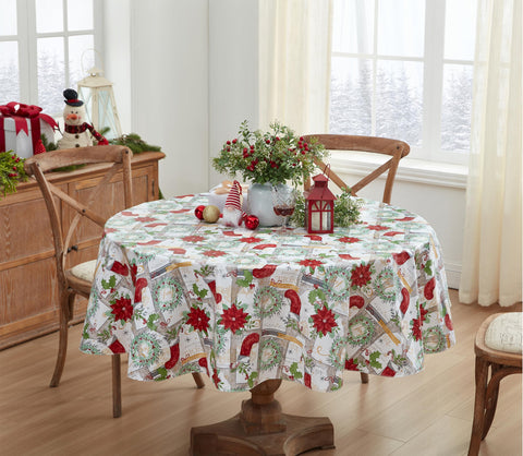 Newbridge holiday table scene shows durable, stain-resistant cover protecting tabletops.