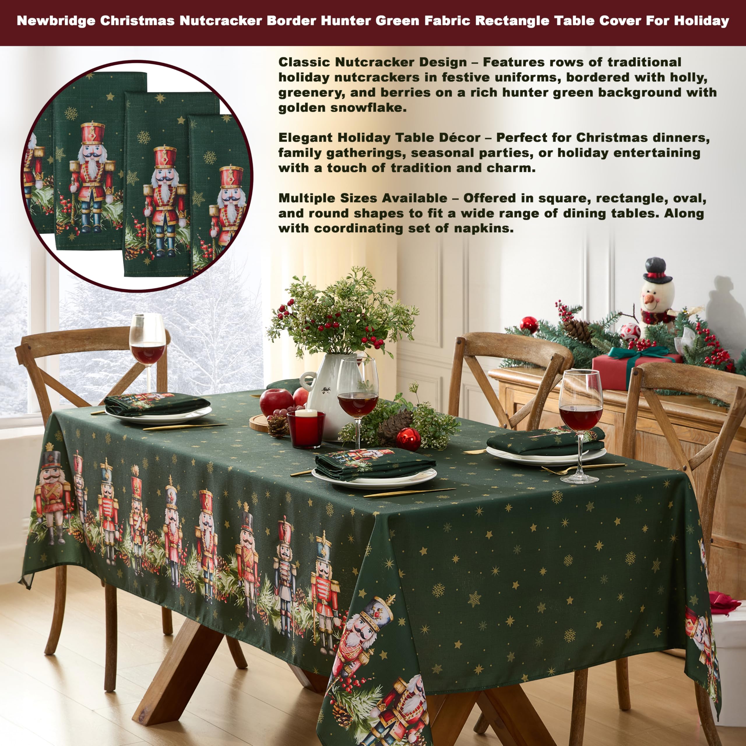 Newbridge Hunter Green background Nutcracker Border closeup with snowflakes and stars for seasonal decor.