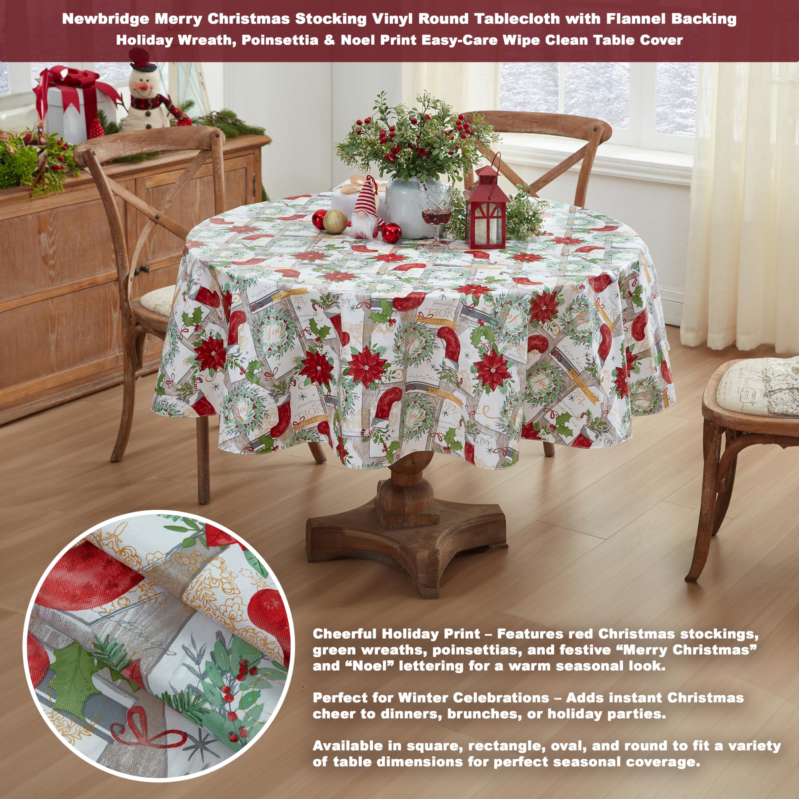 Newbridge Merry Christmas tablecloth featuring Noel script adds festive ambiance to gatherings.