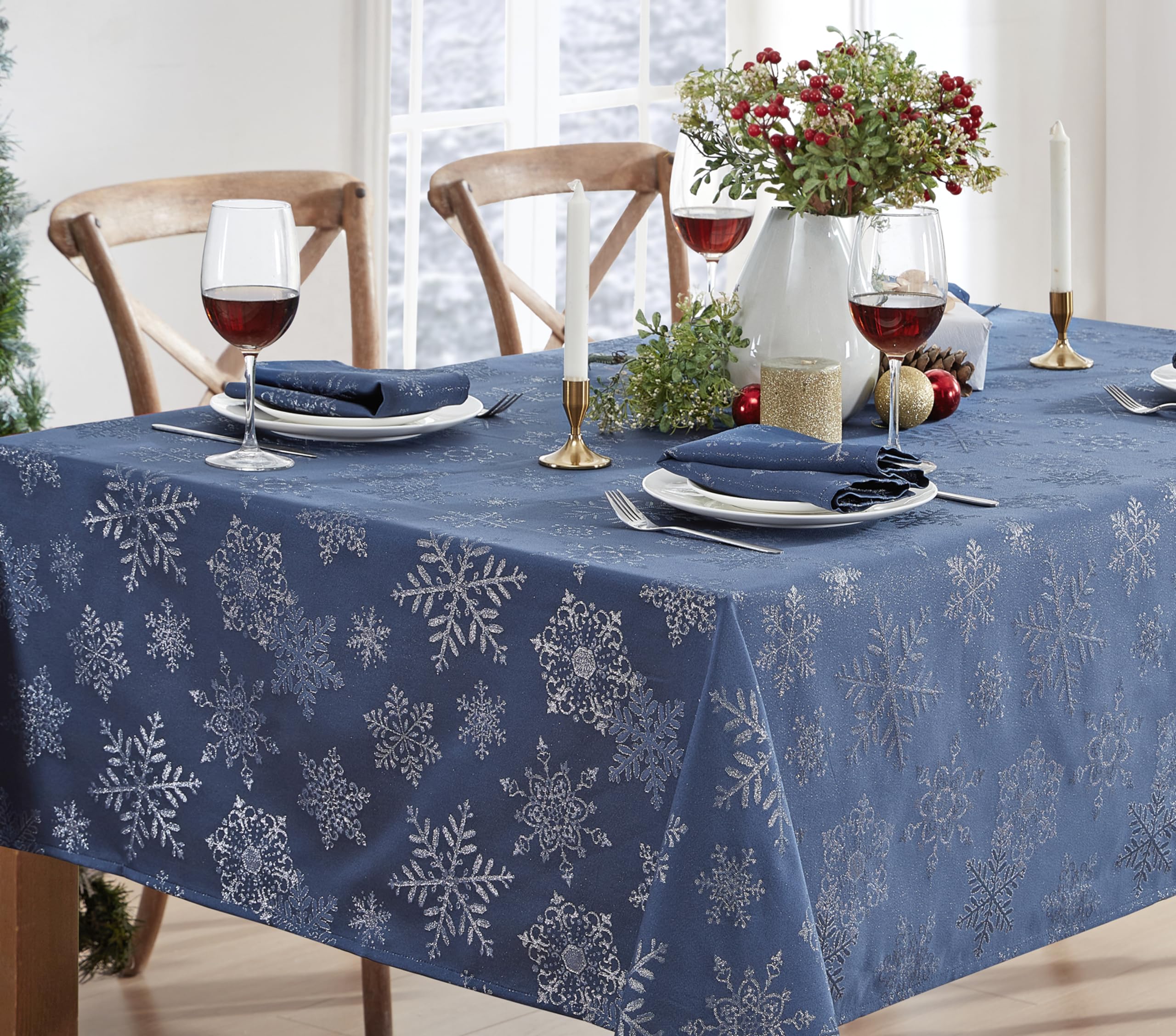 Newbridge no-iron fabric reduces wrinkles for quick holiday setup.