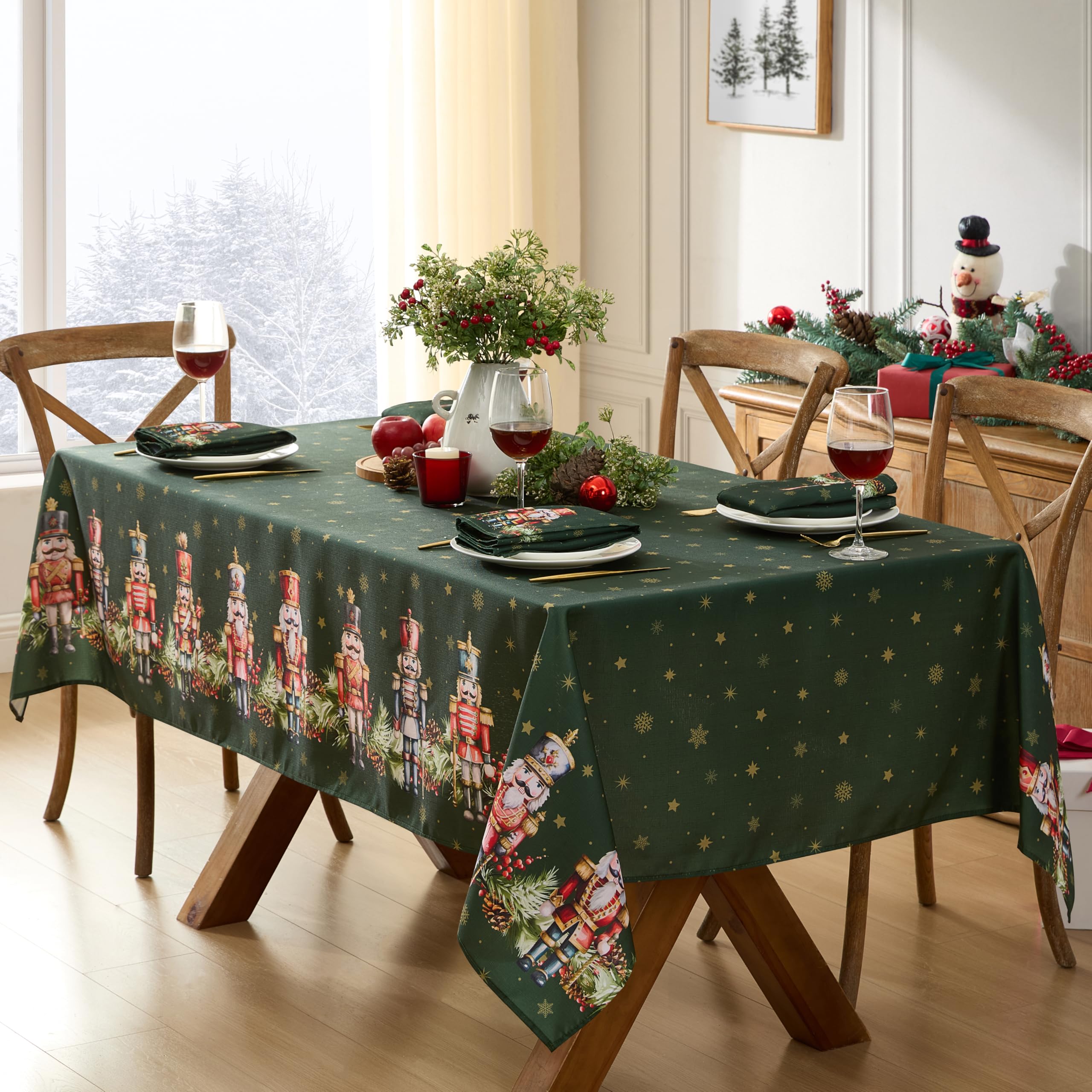 Newbridge Nutcracker Border tablecloth closeup highlights intricate border detail for festive tables.