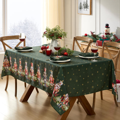 Newbridge Nutcracker Border tablecloth closeup highlights intricate border detail for festive tables.
