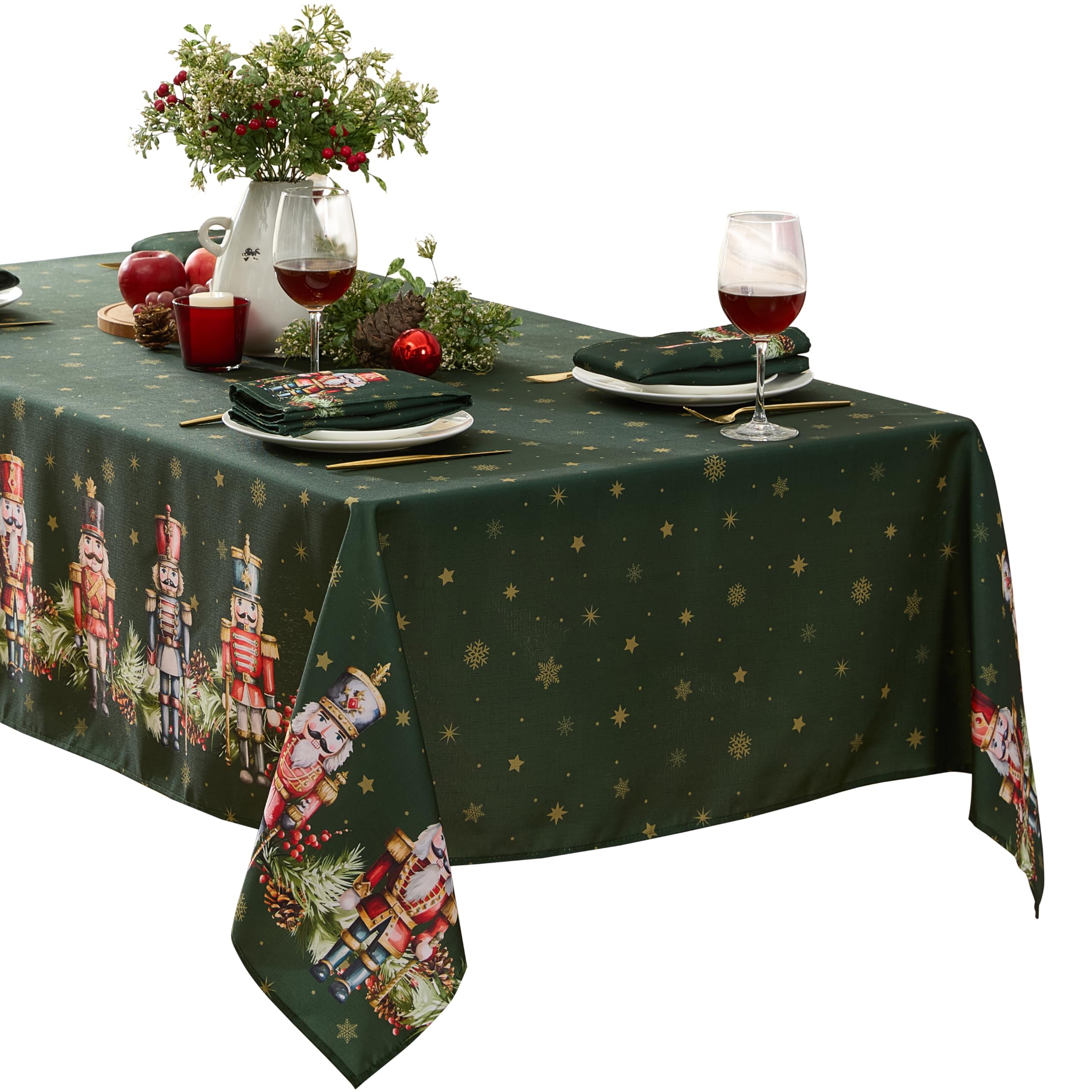 Newbridge Nutcracker Border tablecloth full view on a dining table for elegant holiday entertaining.