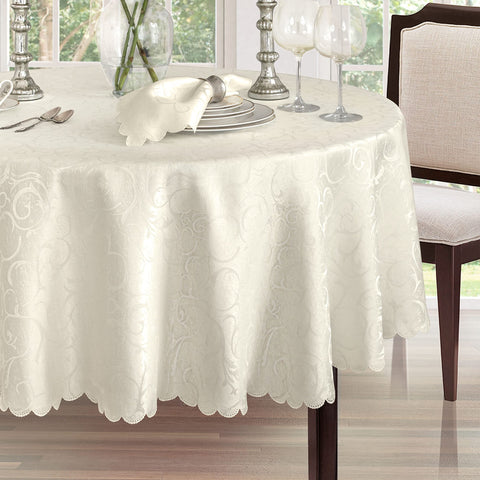 Newbridge Portofino wrinkle-free finish visible on ivory fabric for pristine tables.