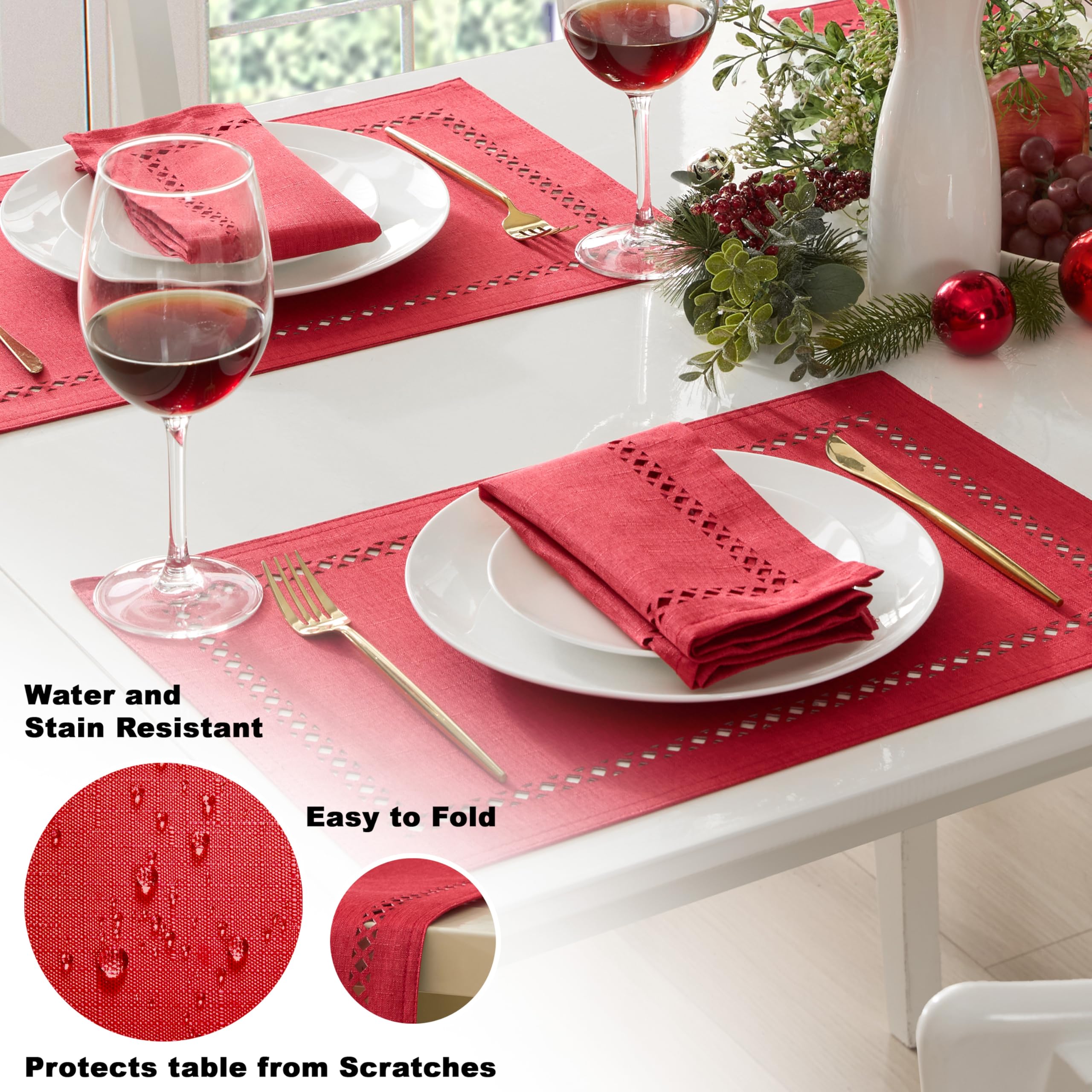 Red Newbridge napkins displayed with silverware for elegant holiday dining