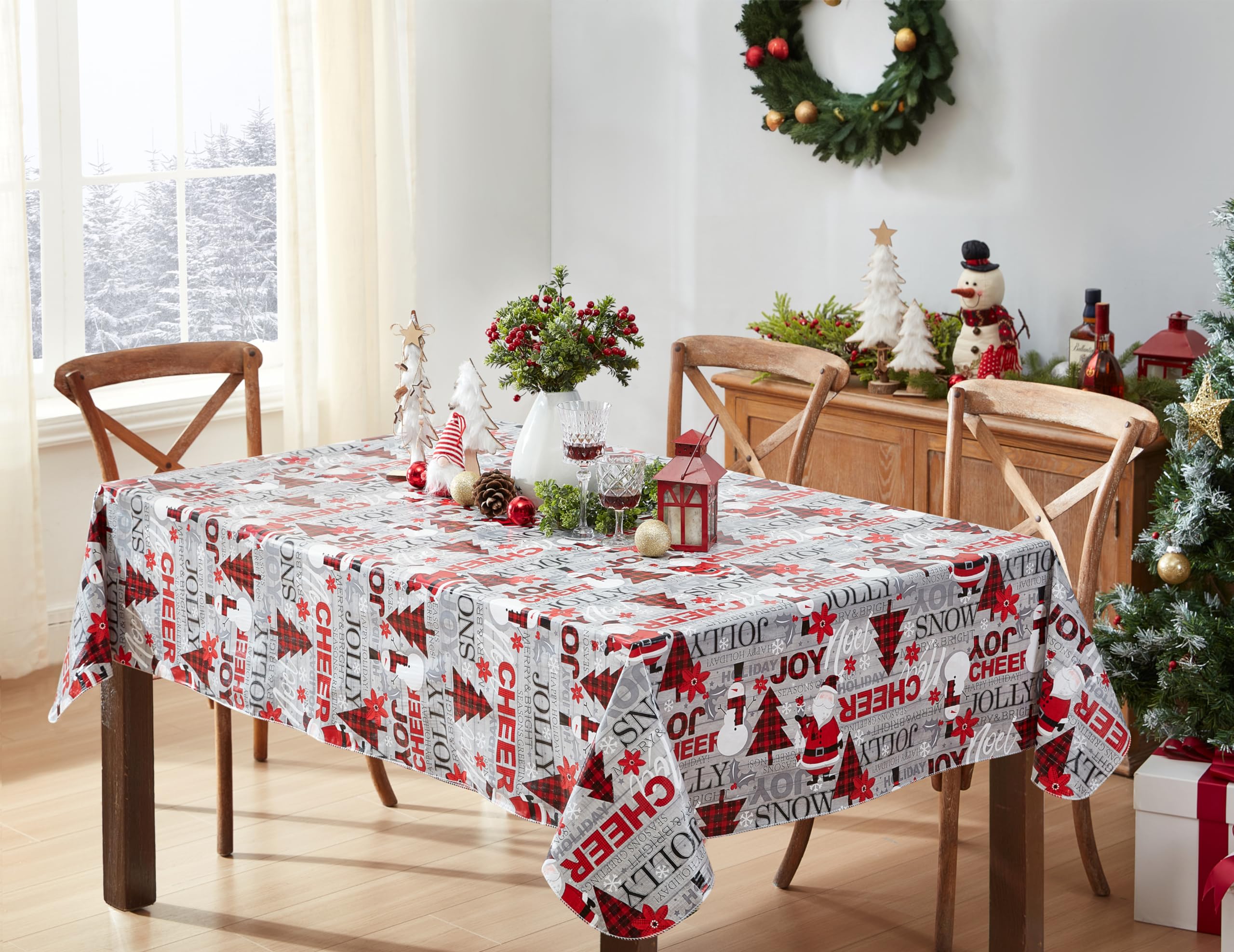 Newbridge red plaid trees Santa print detail on the tablecloth