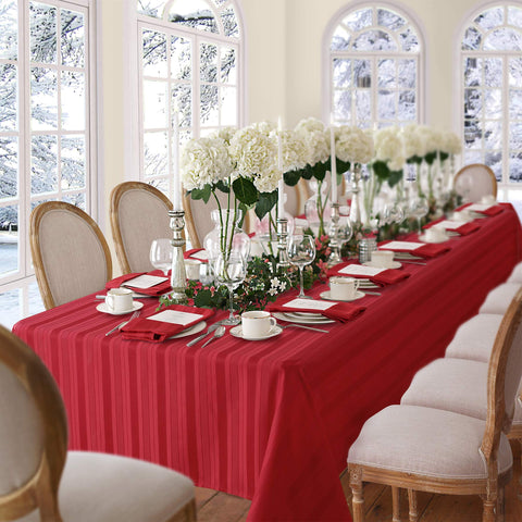 Close-up shows red satin stripe detail enhancing holiday table decor