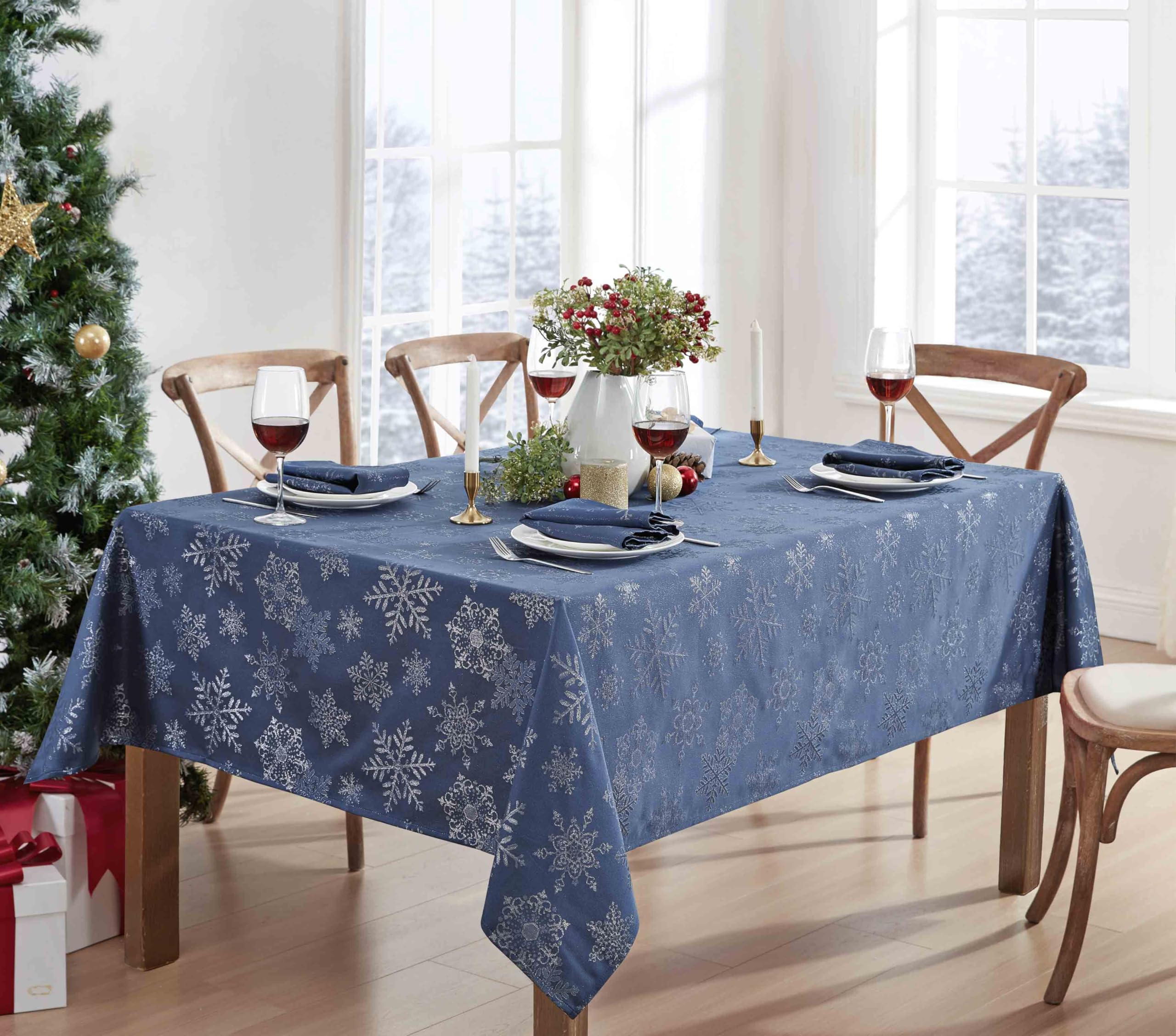 Newbridge tablecloth features a luxe-weave damask finish enhancing holiday tables.
