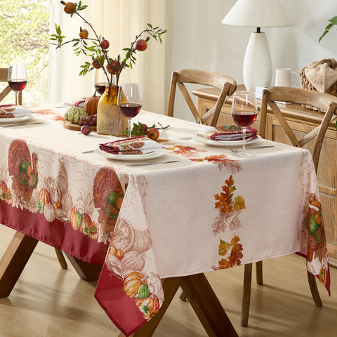 Newbridge 60 x 102 inch tablecloth fits 8 to 10 people.