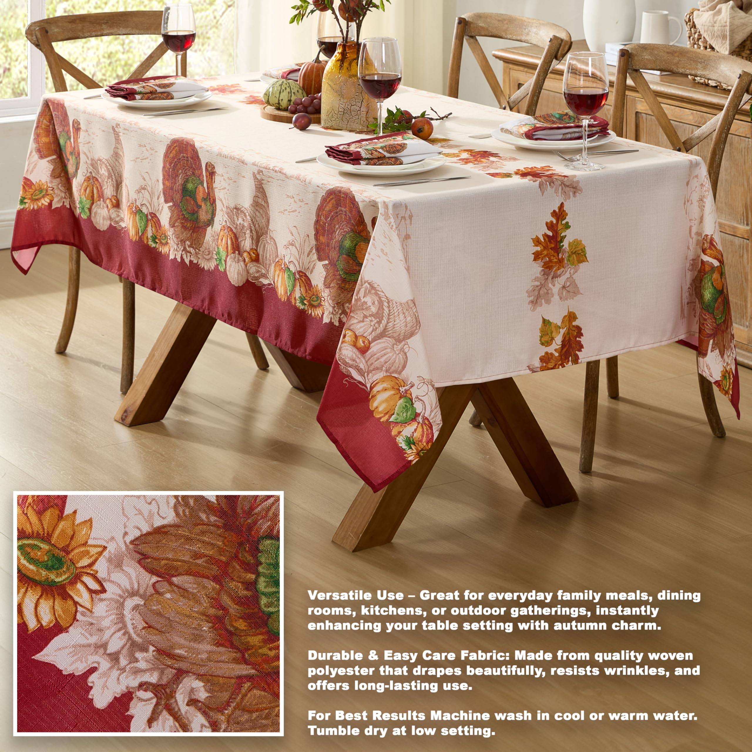 Newbridge beige farmyard scene creates timeless fall dining mood.