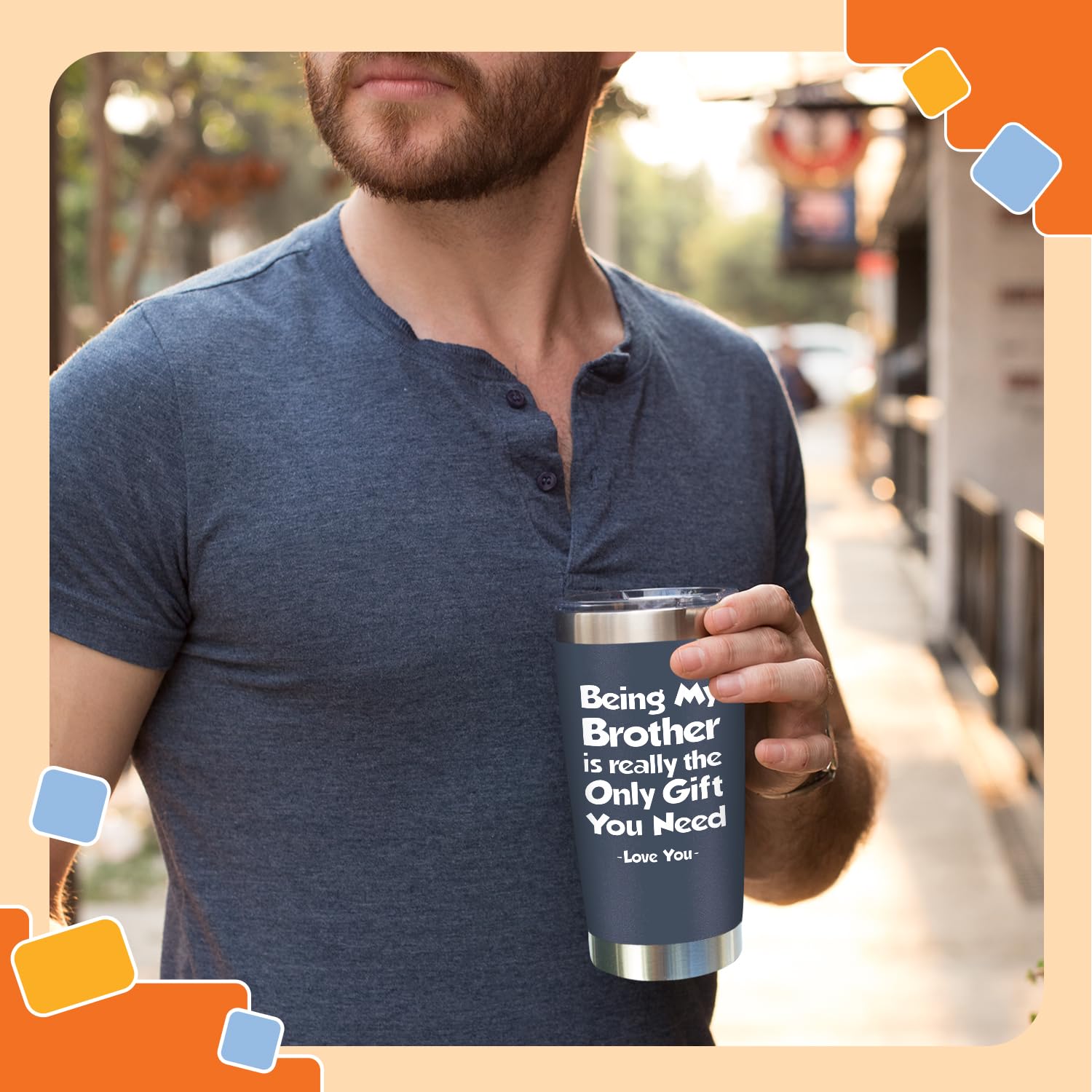 NewEleven 20 oz navy tumbler on the beach scene, stays cool.