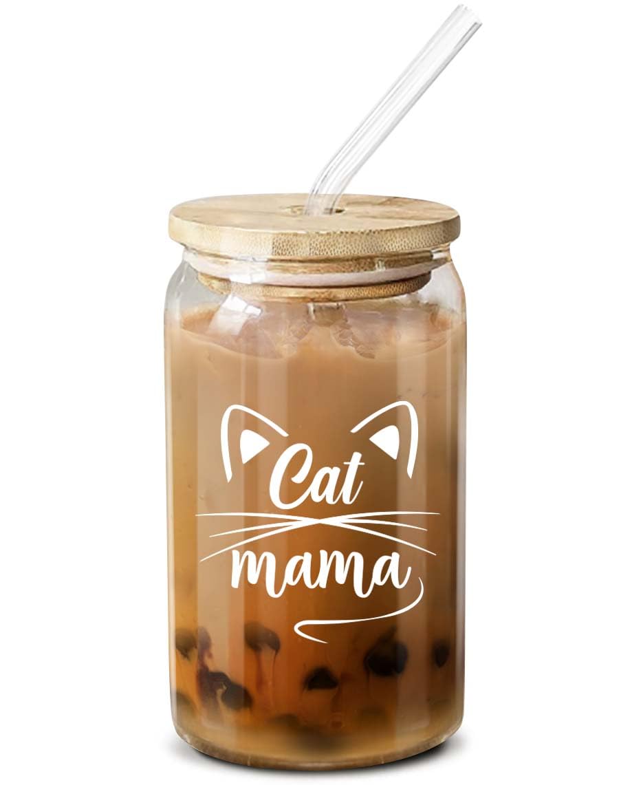 NewEleven Cat Mama glass 16oz design for stylish coffee lovers.