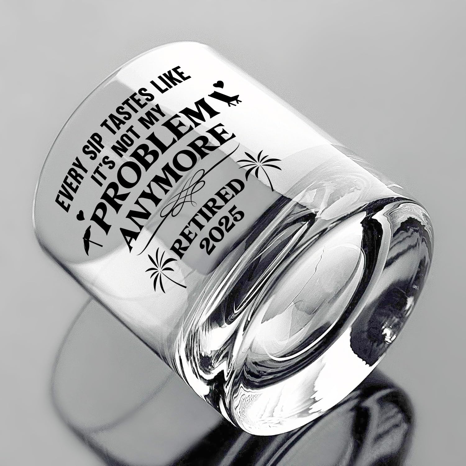 NewEleven modern design glass with humorous quote elevates retirement celebrations.