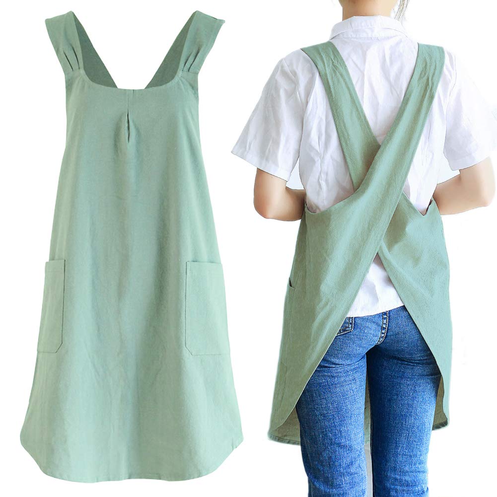 Newgem Japanese Linen Cross Back Apron front view shows light green fabric for cooking comfort