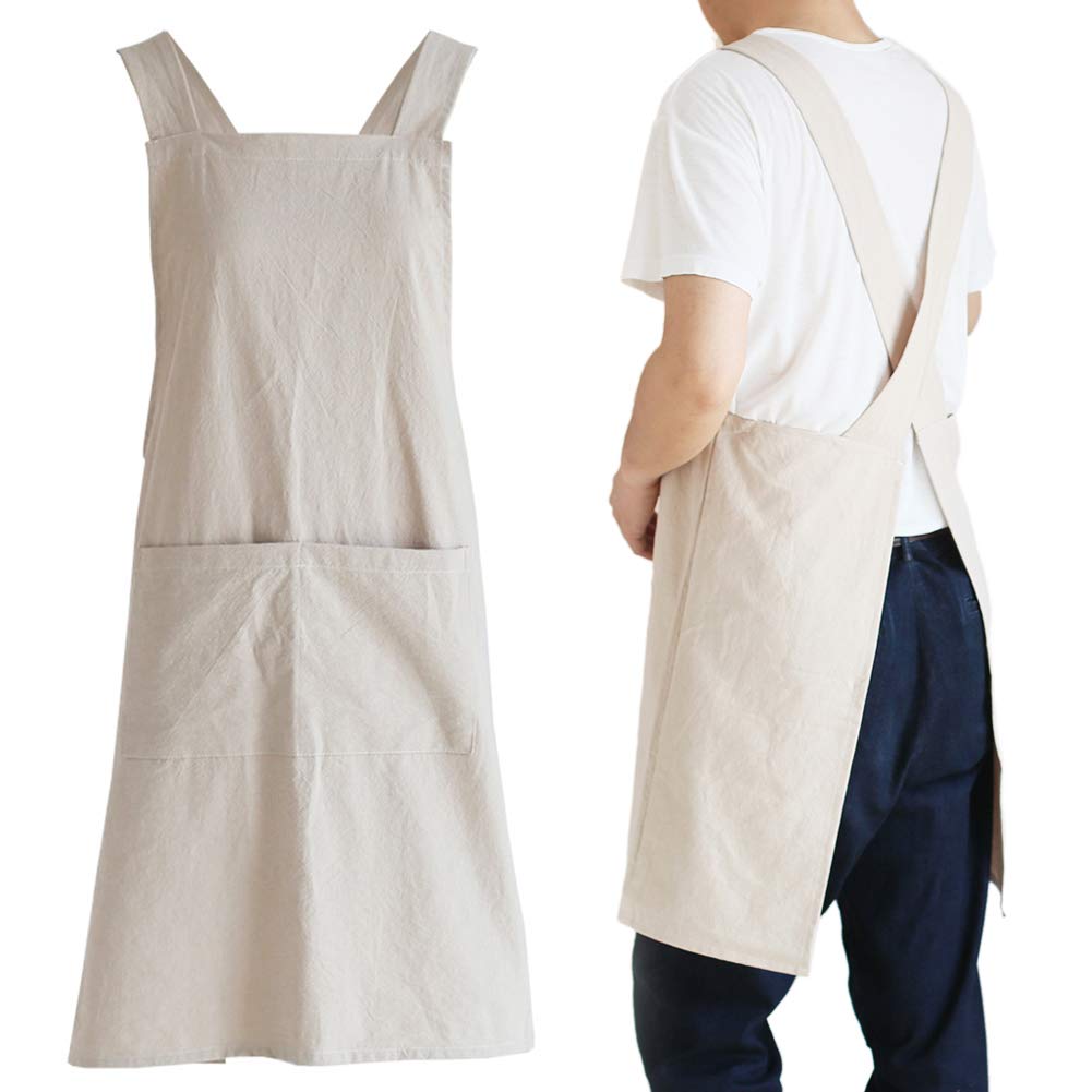 NEWGEM Japanese Linen Cross Back Apron front view with two pockets for tools and phone.