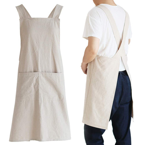 NEWGEM Japanese Linen Cross Back Apron front view with two pockets for tools and phone.