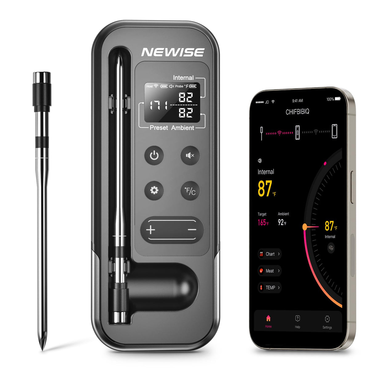 Newise Bluetooth meat thermometer base dock shown with wireless control from across the yard