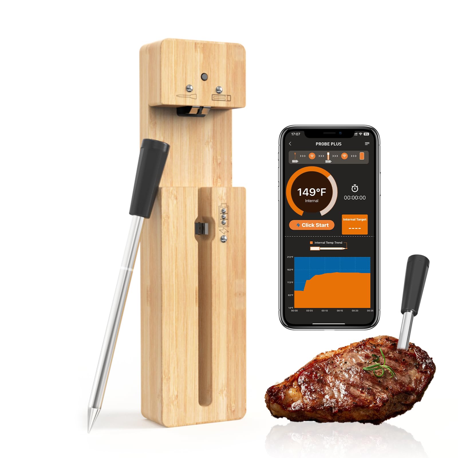 Newise Bluetooth meat thermometer probe for precise grilling.
