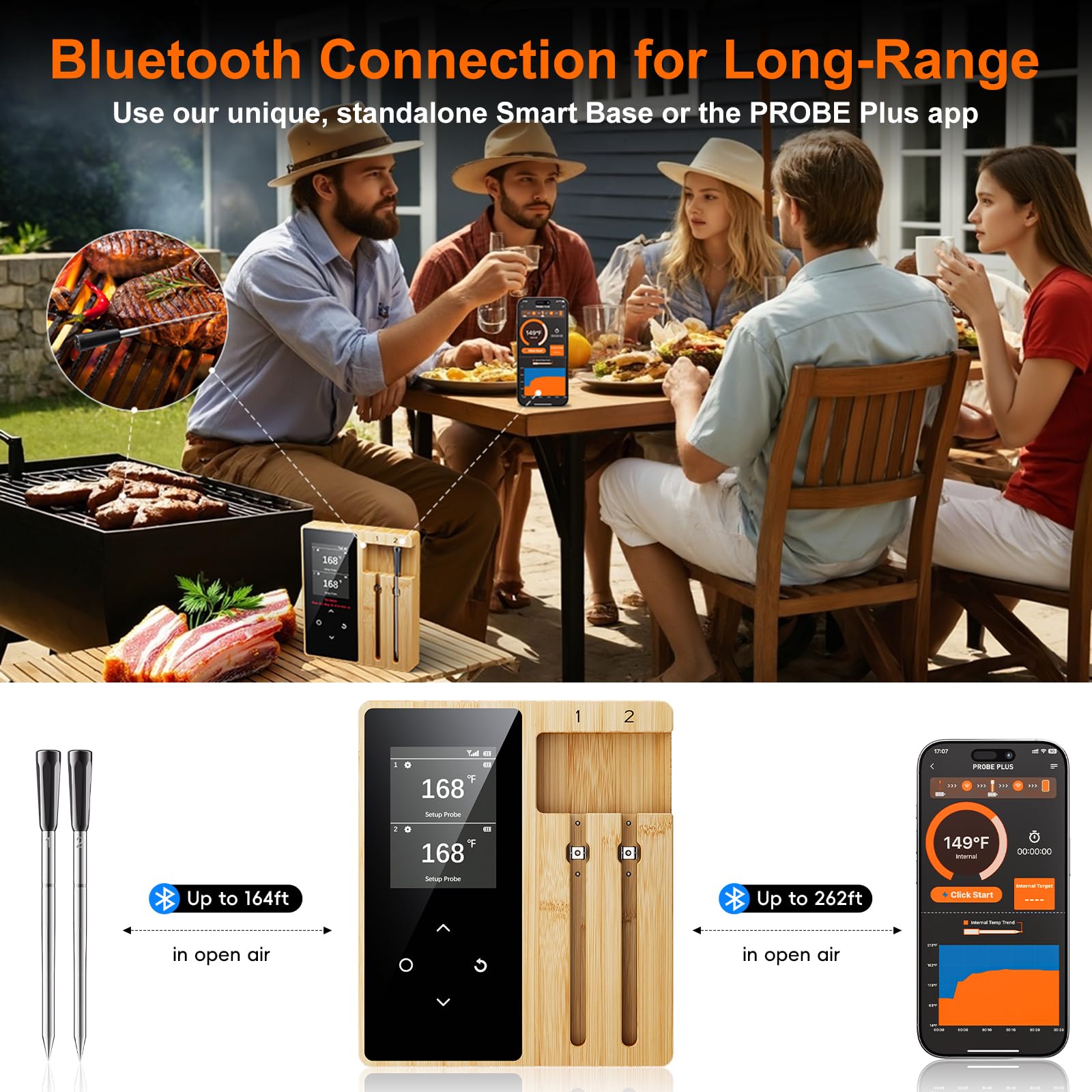 Newise dual-probe LCD display showing real-time temperatures for two meats.
