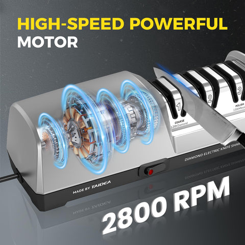 Newise electric knife sharpener with 100% diamond abrasives boosts sharpening efficiency.