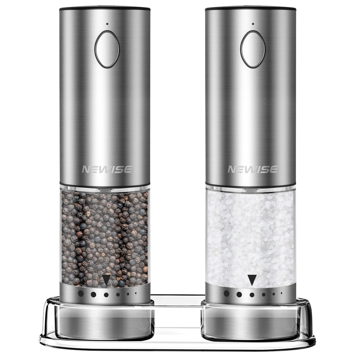 Newise electric salt and pepper grinders with LED illumination for precise seasoning.