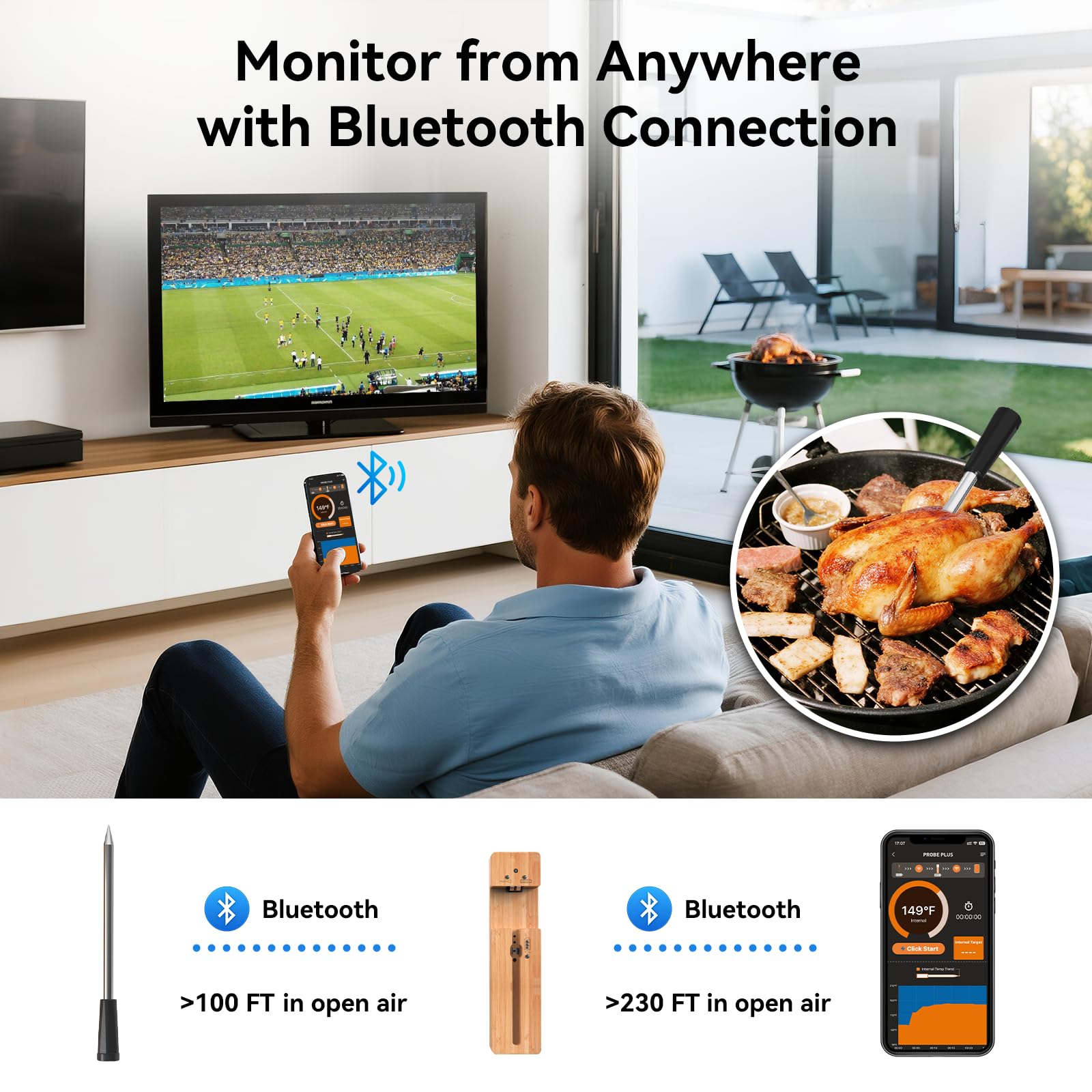 Newise long-range monitoring keeps you informed from indoors during cook.