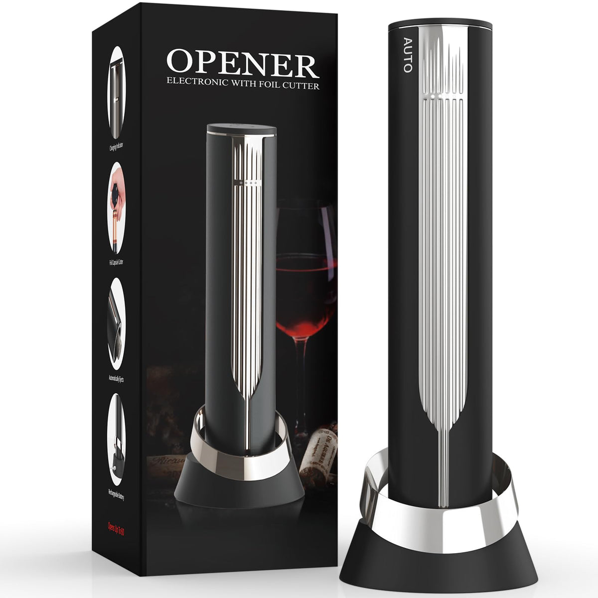 Newise luxury automatic wine opener resting on charging base for ready use