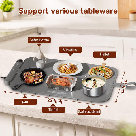 Newise warming mat compatible with casseroles, stainless steel, and ceramic dishes.