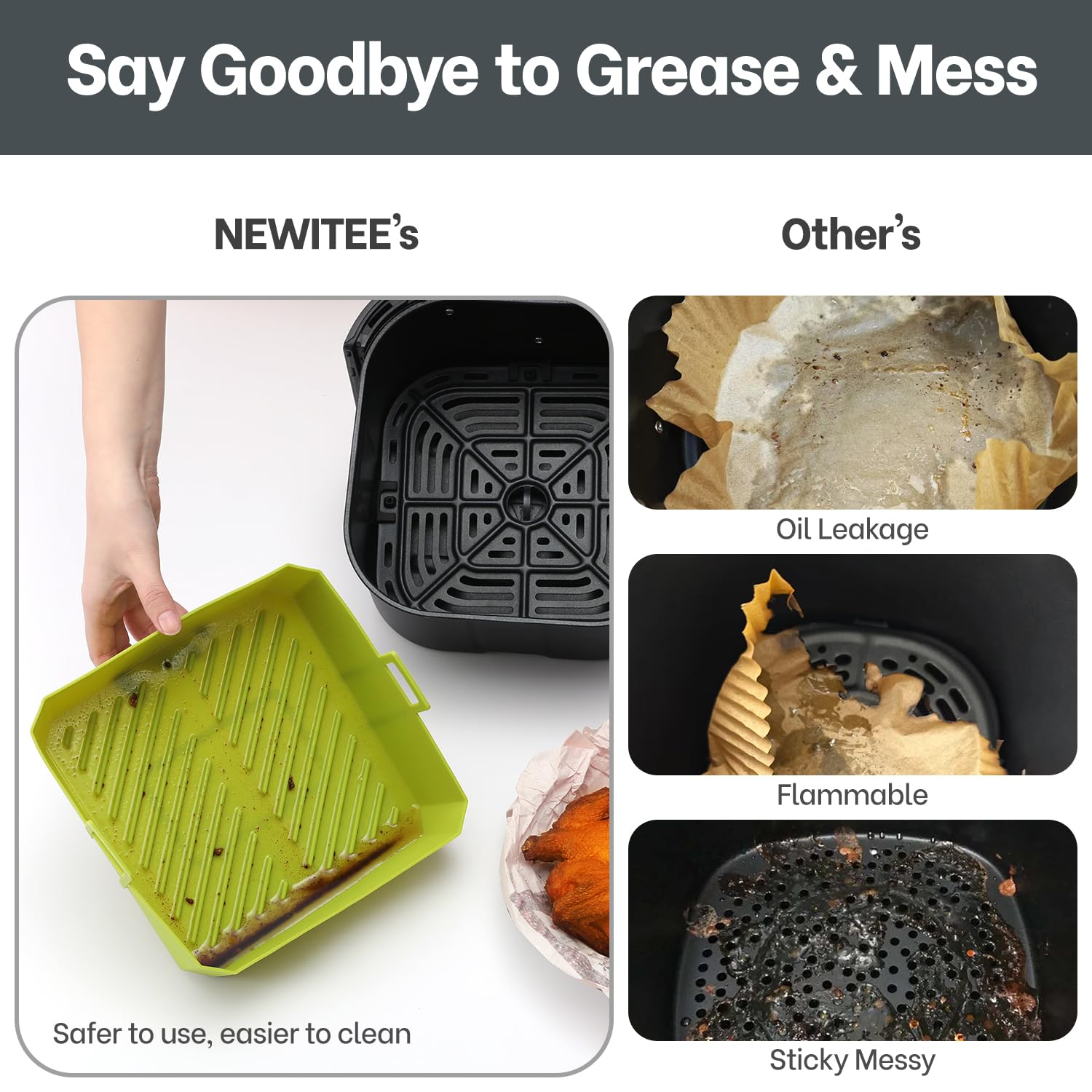 NEWITEE platinum silicone closeup emphasizes BPA-free material and non-stick surface.