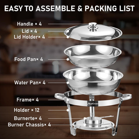 NEWKITCHEN chafing dish includes water basin and food trays for versatile serving.