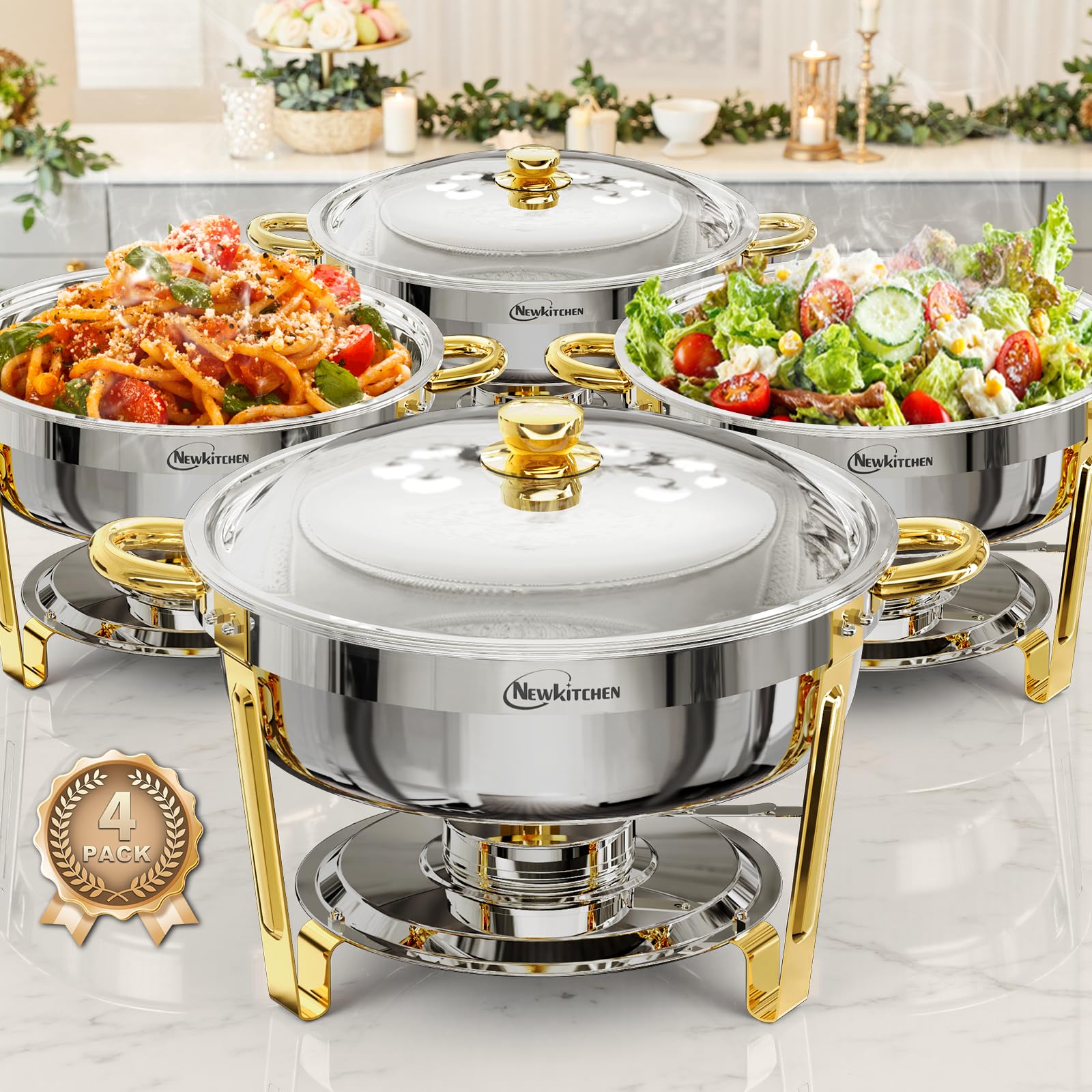NEWKITCHEN chafing dishes 4-pack for buffet setups keeps food warm for guests.