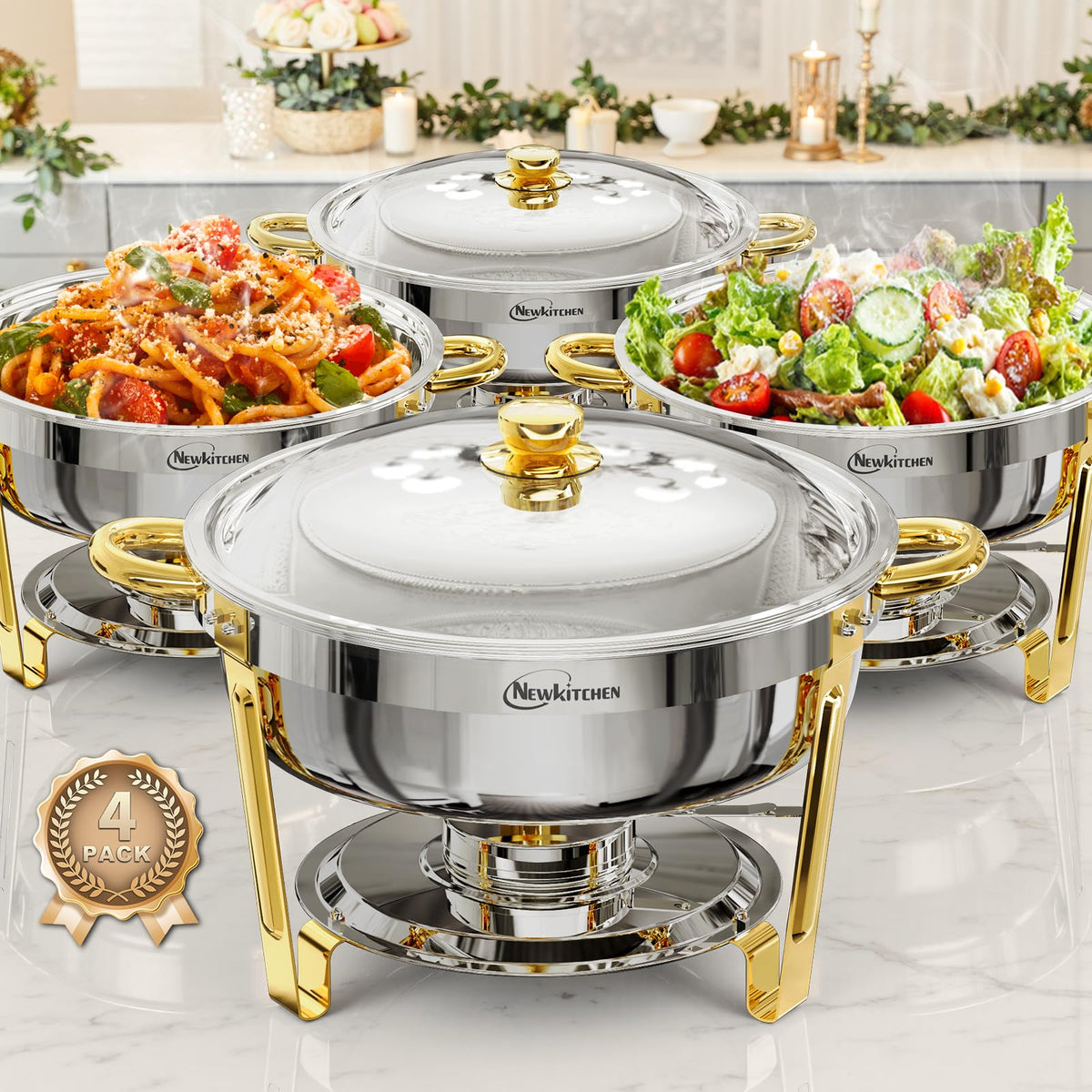 NEWKITCHEN chafing dishes 4-pack for buffet setups keeps food warm for guests.