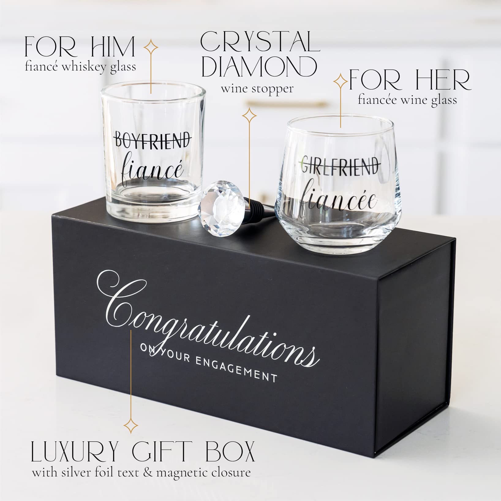 Newlywoo stemless wine glass, 12oz, perfect for celebrations of the engagement.