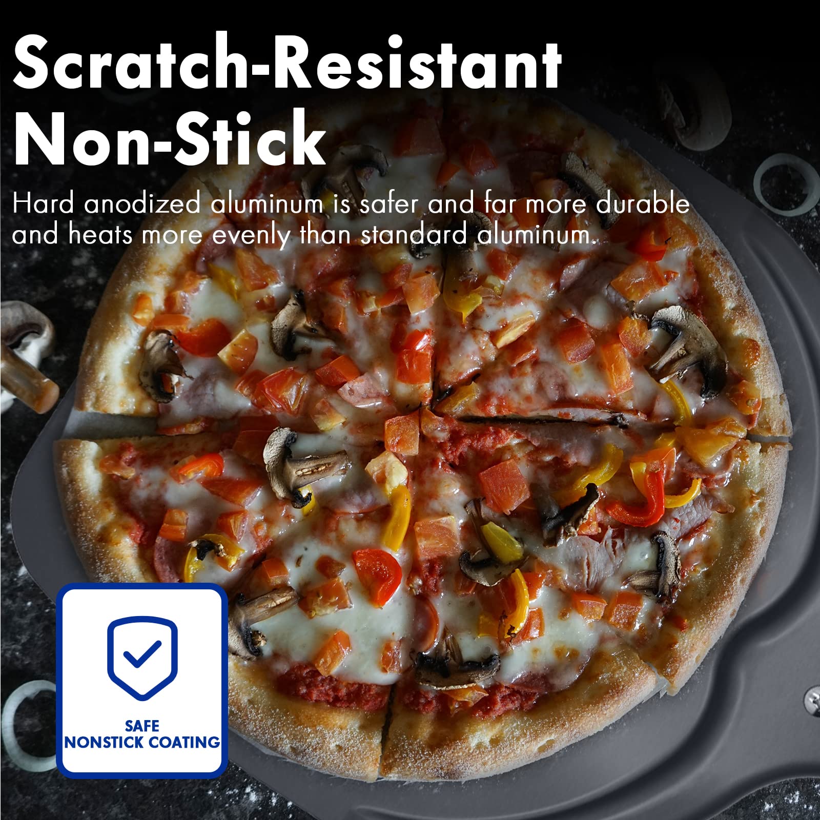 Newmeto perforated design helps crisp crust and reduces flour cling.