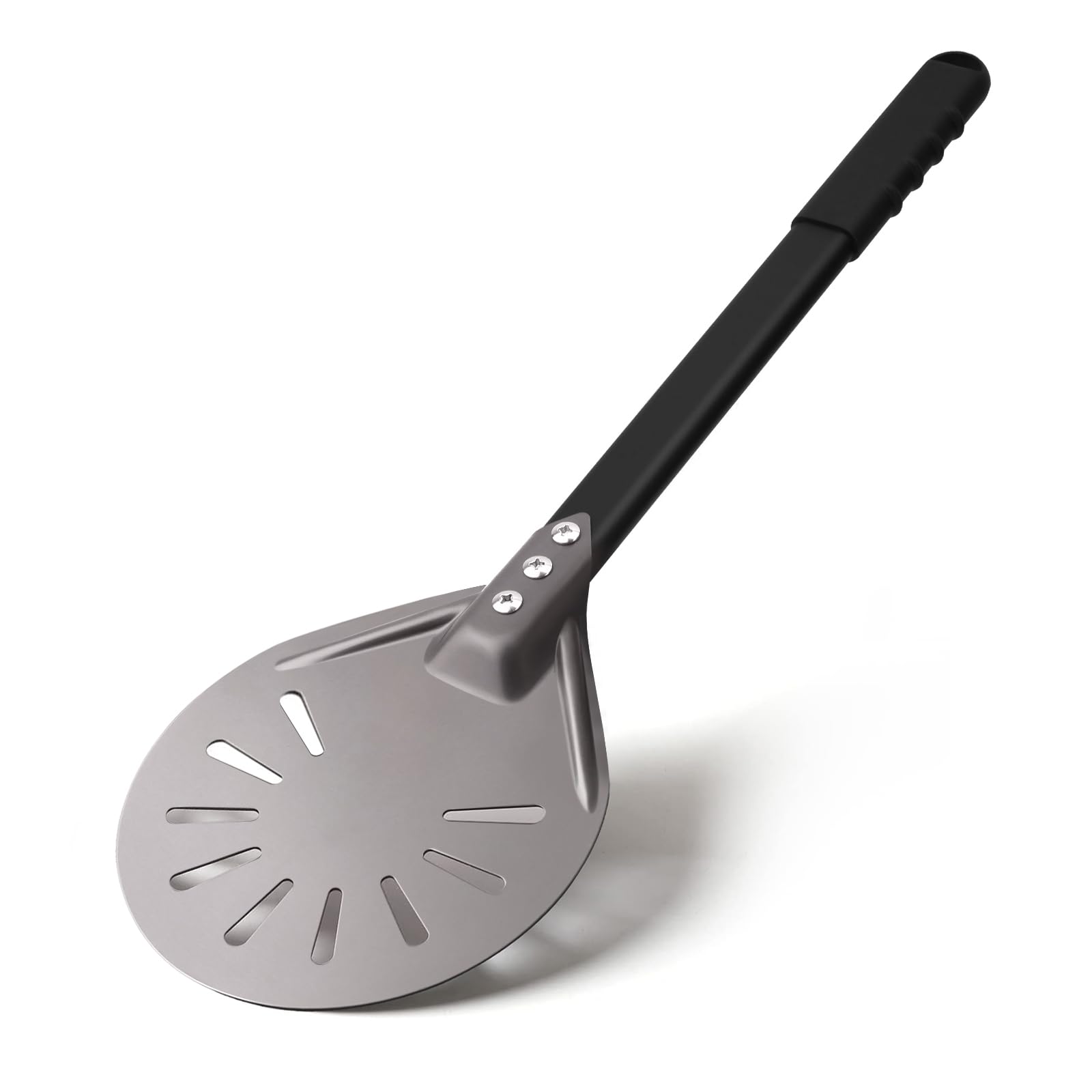 Newmeto pizza turning peel with 6-inch round perforated head for fast, crisp crusts.