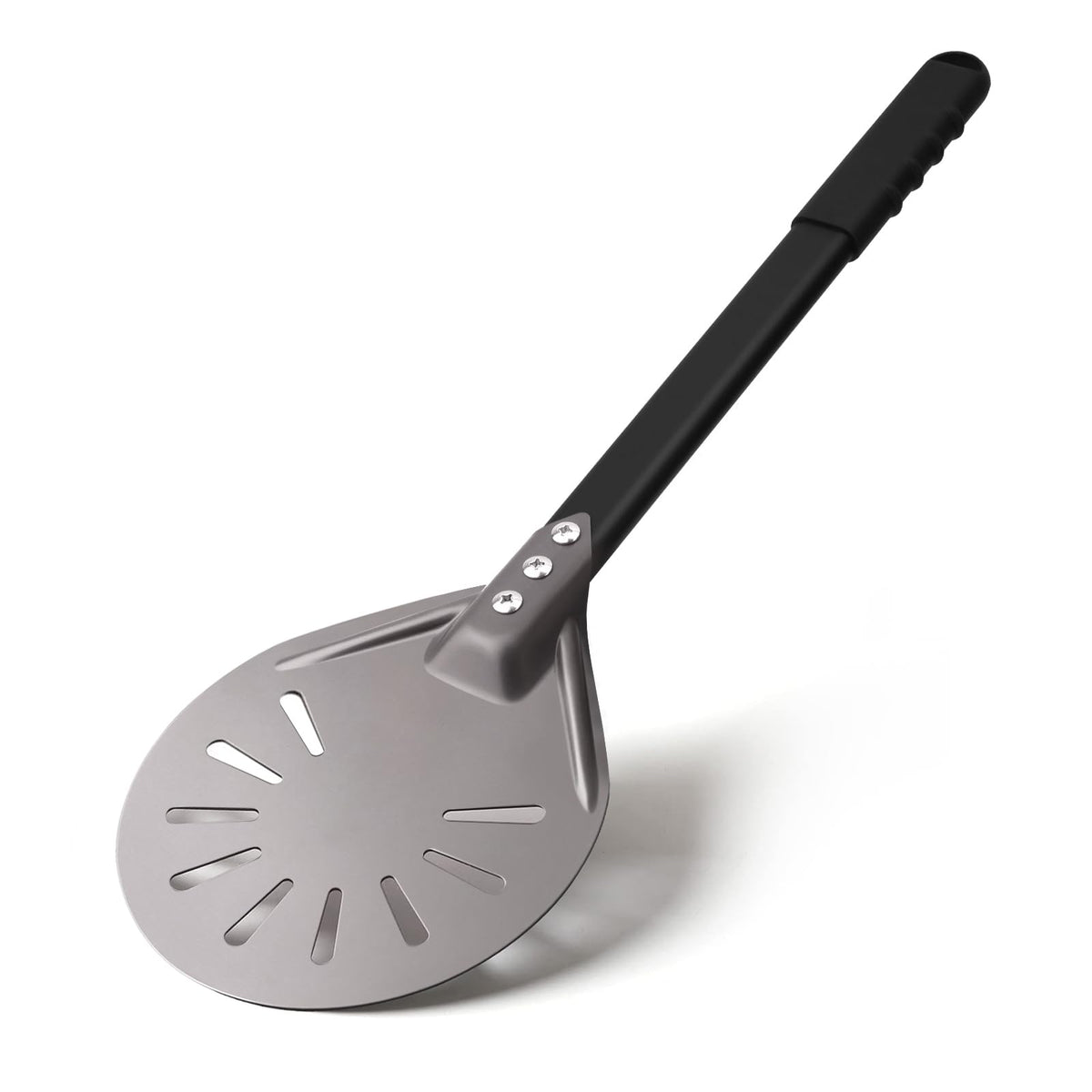 Newmeto pizza turning peel with 6-inch round perforated head for fast, crisp crusts.