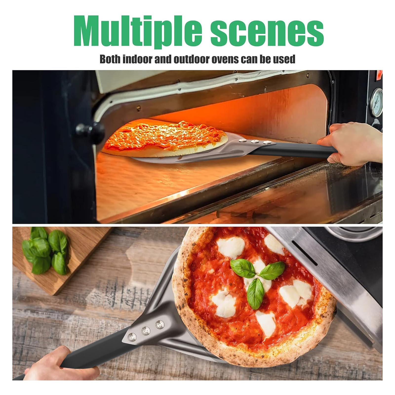 Newmeto pizza turning peel in use, lifting a pizza from the oven.