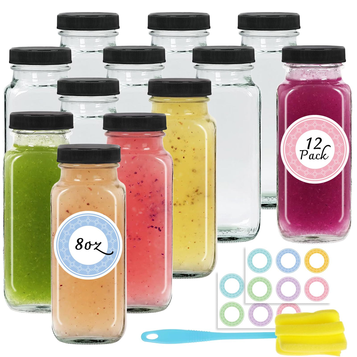 NEWMIAO glass bottles in a 12-pack with lids for organized beverages