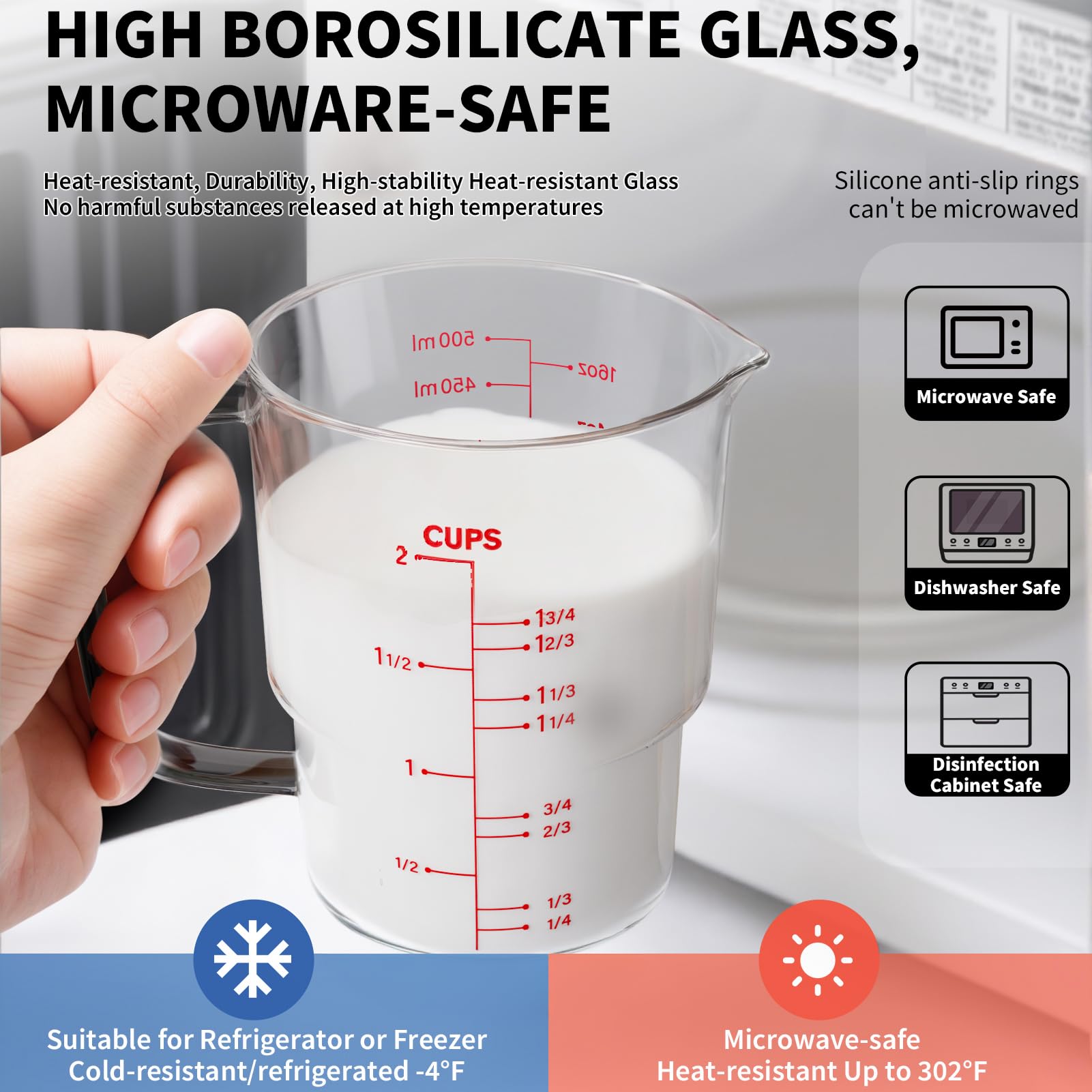 Newness 2-Cup Glass Measuring Cup shows oz-ml-cup marks for quick reference.