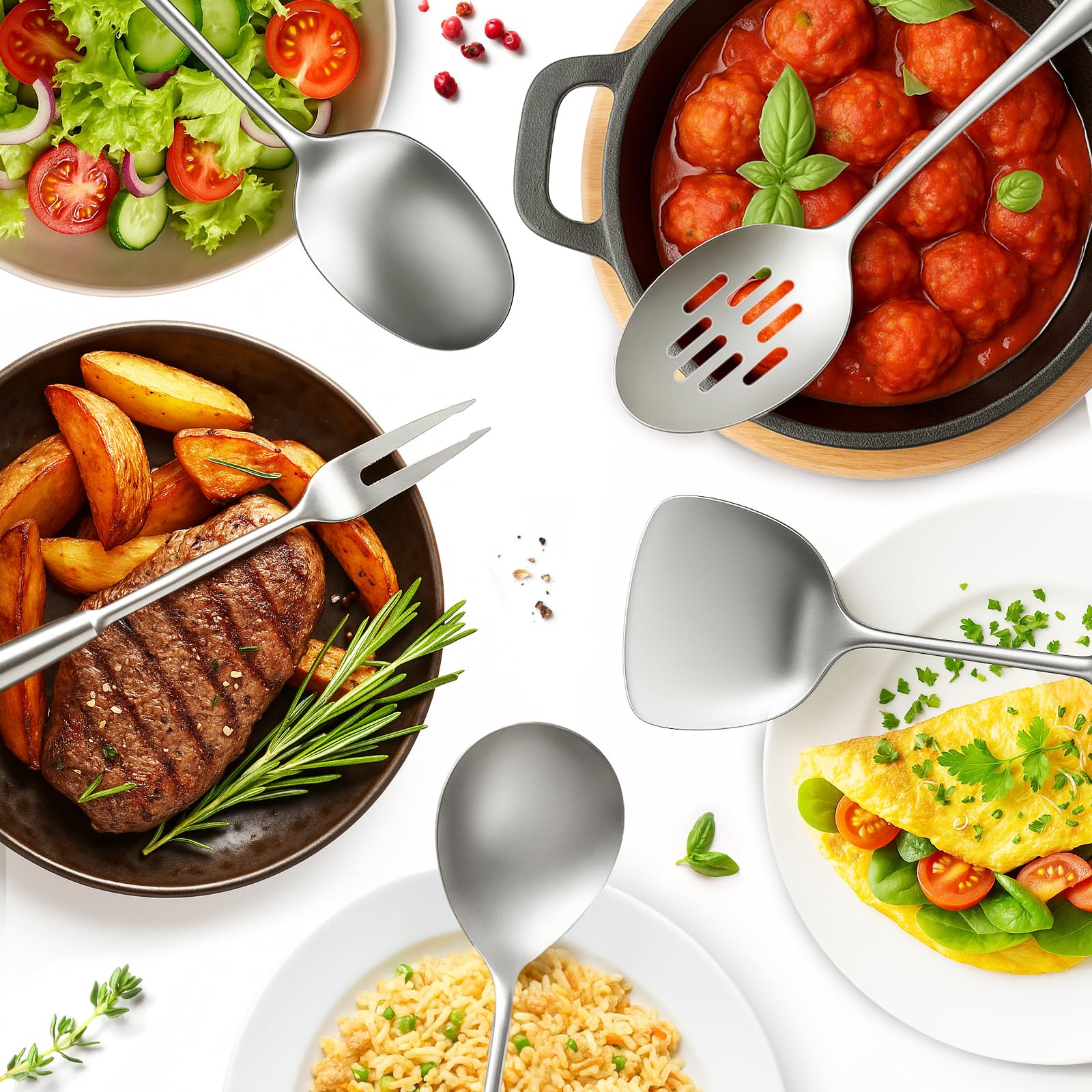 Newness slotted turner for flipping foods with minimal sticking.