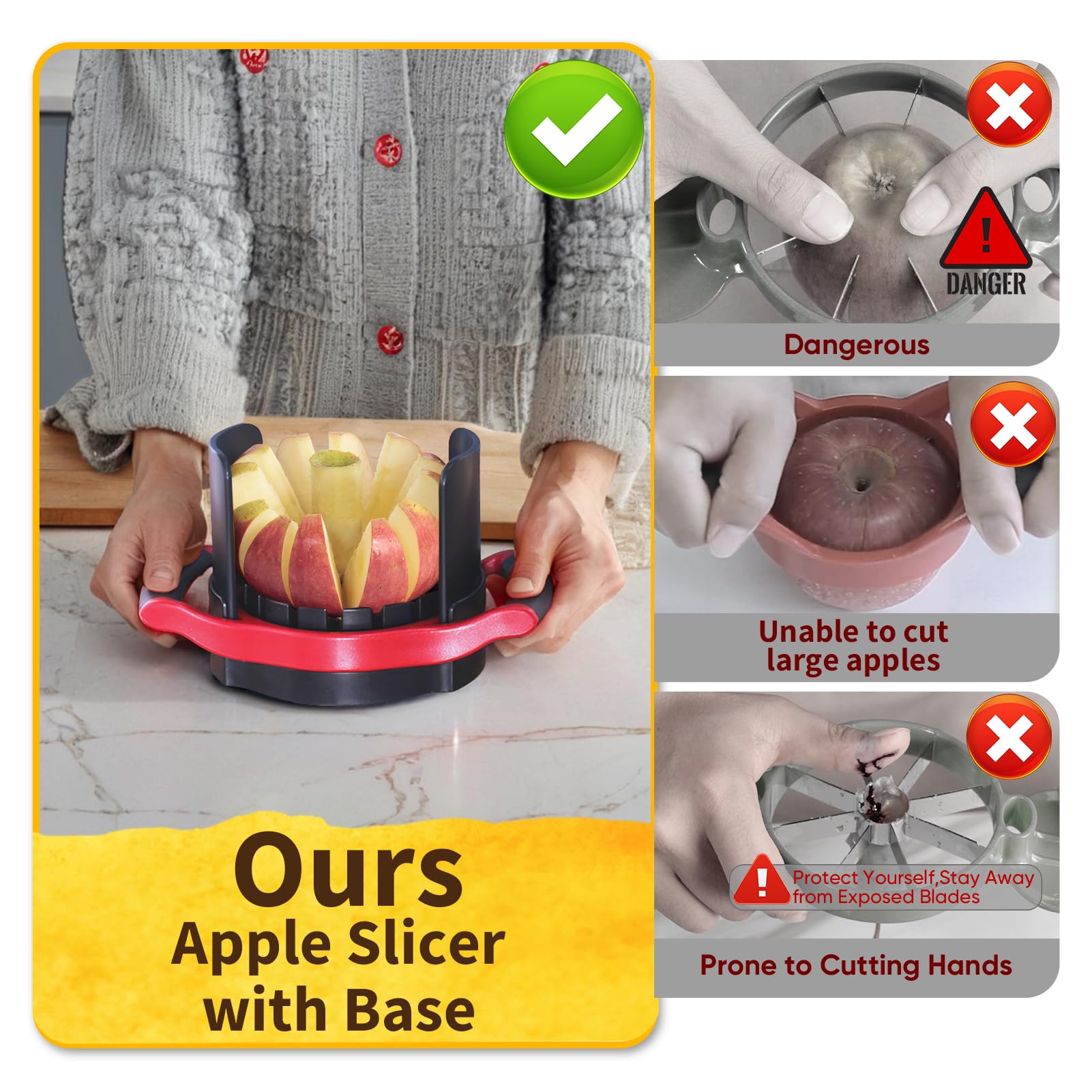 Newness apple slicer base design shows embedded blade for complete core-through slicing.